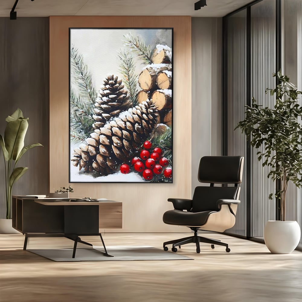 Tablou canvas cu pictura cu conuri de brad si bobite rosii, in rama de aluminiu negru, pe perete intr-un birou